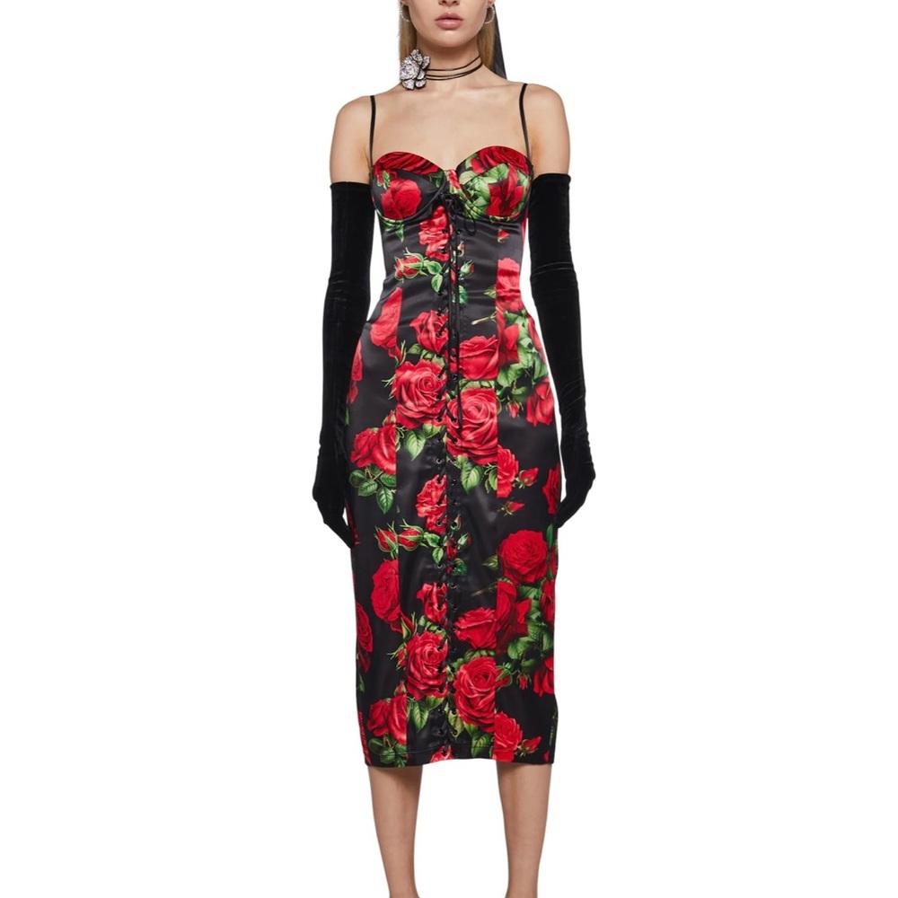 Dolls Kill Romantic Getaway Black Satin Midi Dress with Red Rose Print